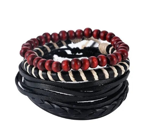 Hand-woven multilayer leather bracelet with wooden beads and adjustable vintage punk design