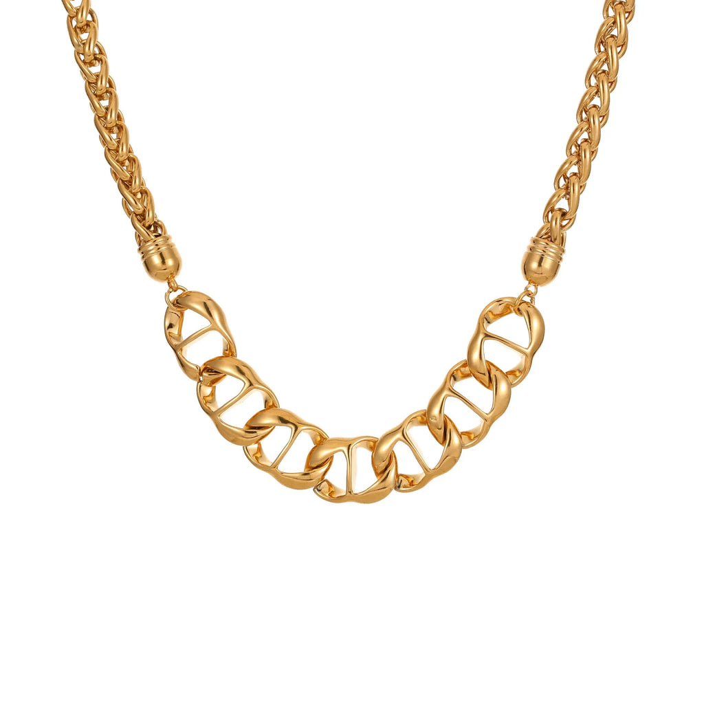 Gold plated stainless steel necklace with geometric pendant on regular chain for women