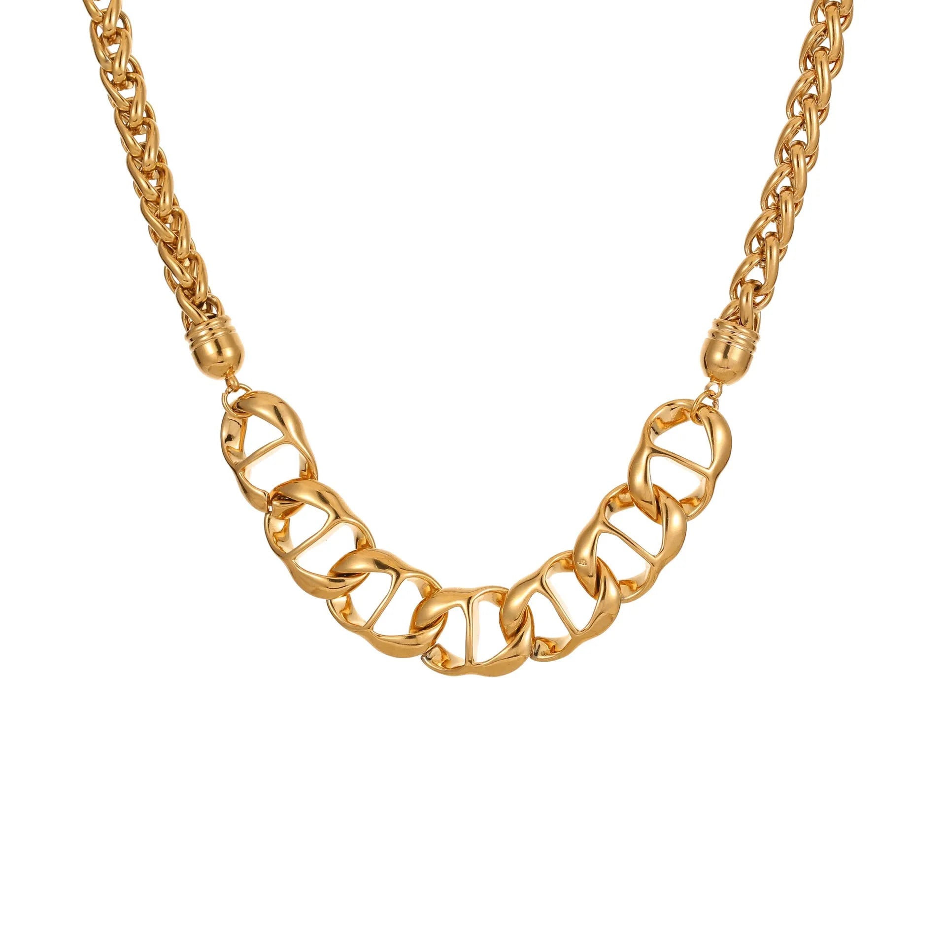 Gold plated stainless steel necklace with geometric pendant on regular chain for women