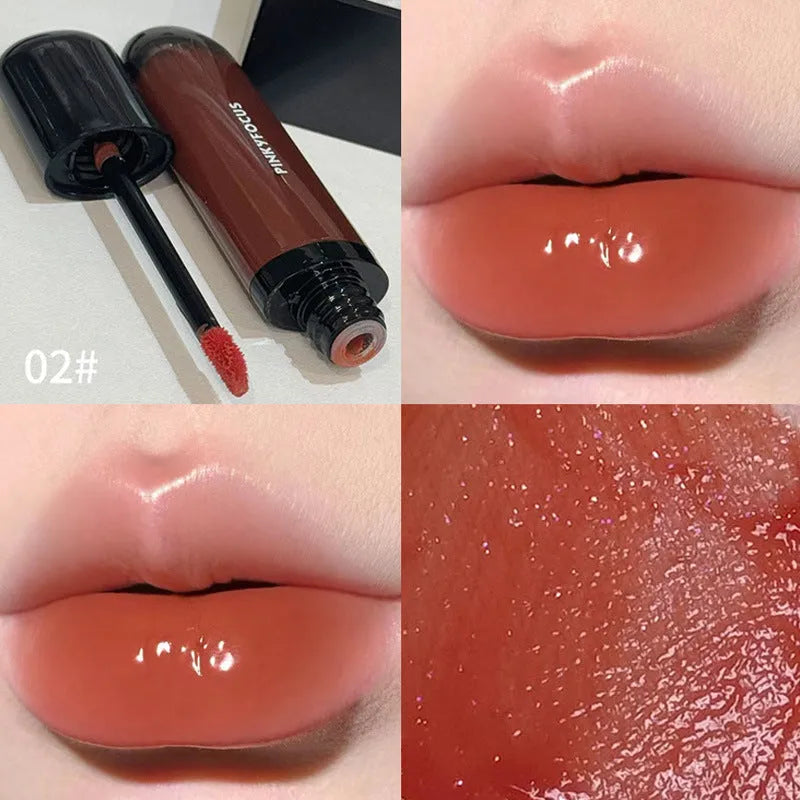 Black shiny Mirror Lip Lacquer tube with six swatches showing matte shades from tomato to sweet potato.