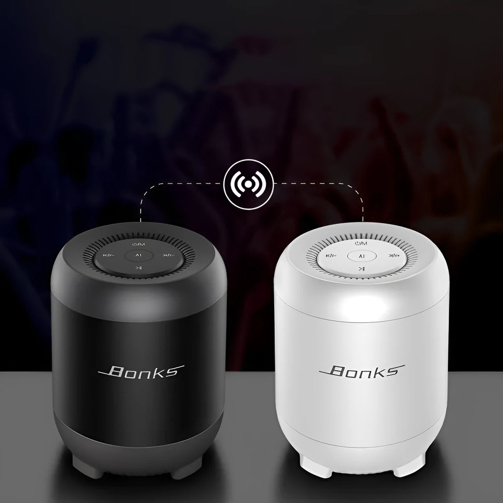 Black and white Bluetooth speaker with AI voice control features and circular plastic housing
