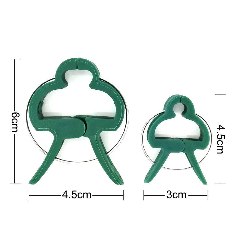 Green plastic and zinc plant fixing clips holding a tomato vine to a garden cane.