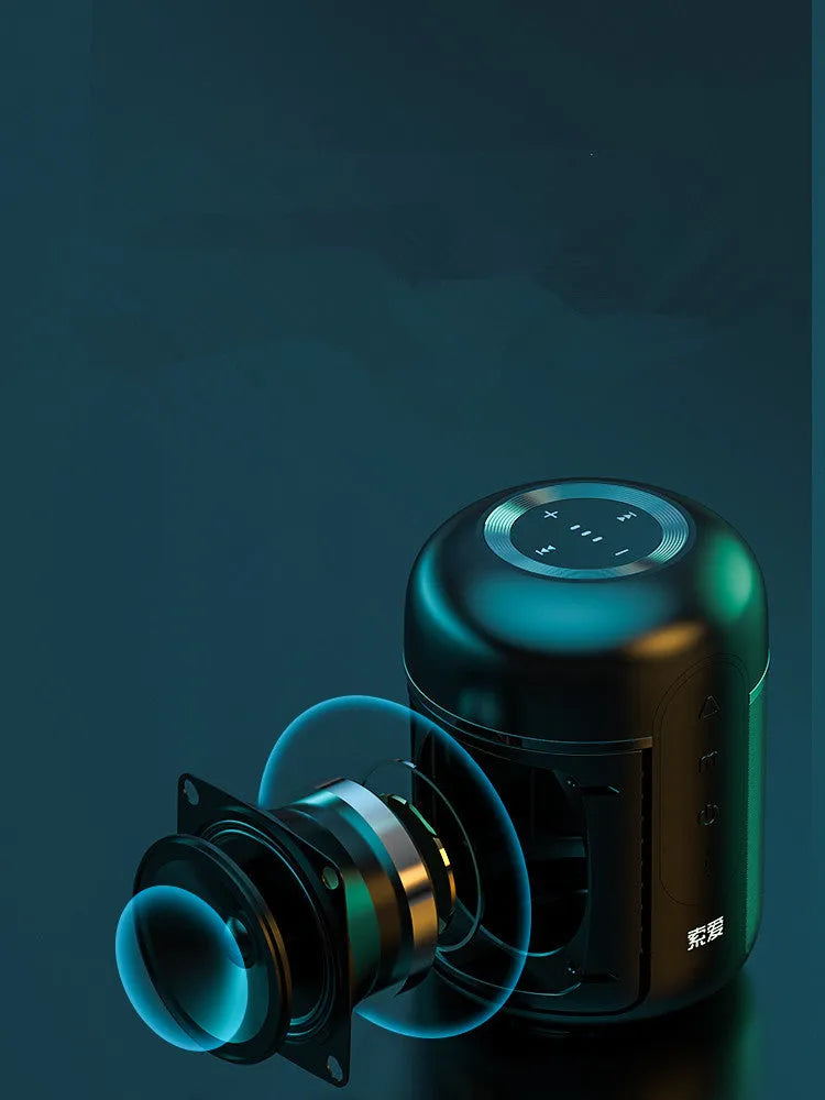 Compact black portable Bluetooth speaker showing front grille and measuring 72mm by 99mm.