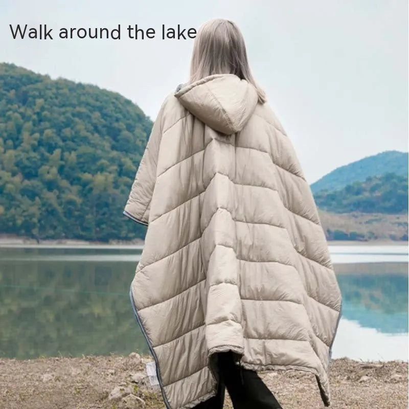 Army green outdoor cloak sleeping bag with wearable design shown in both cloak and sleeping bag configurations