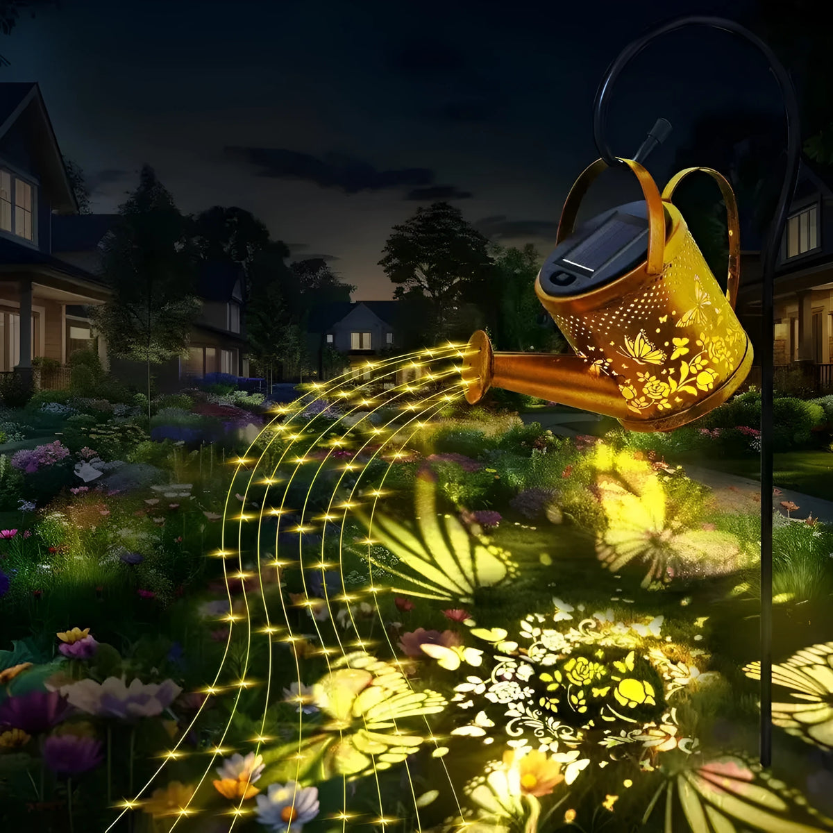 Solar powered wrought iron butterfly kettle garden light with decorative design for courtyard placement