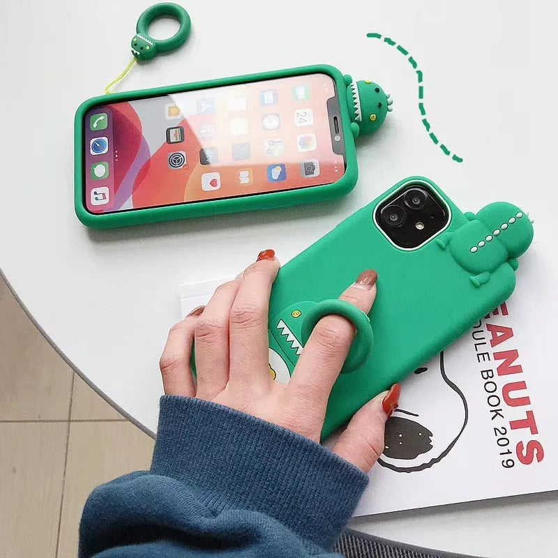Green silicone phone case with cartoon animal design for Apple iPhone models