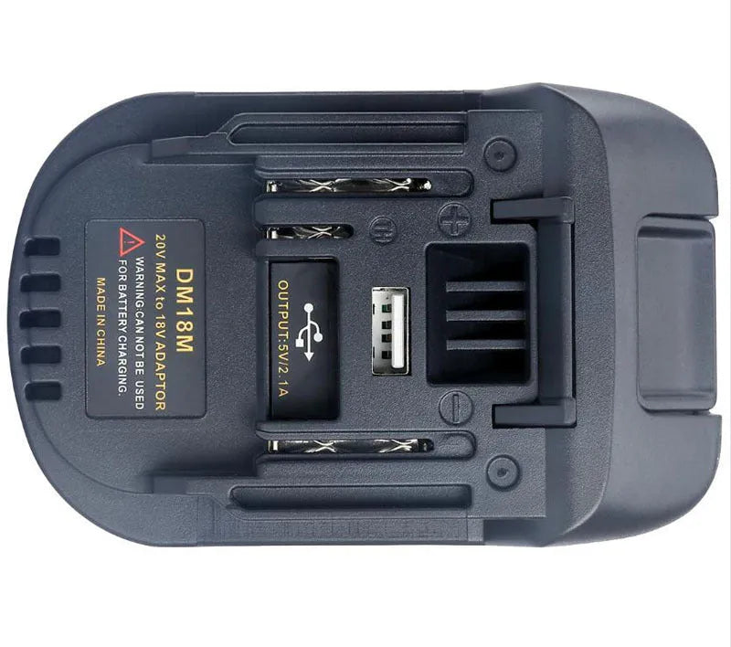 Black Milwaukee to Makita battery adapter showing conversion connection points for power tools