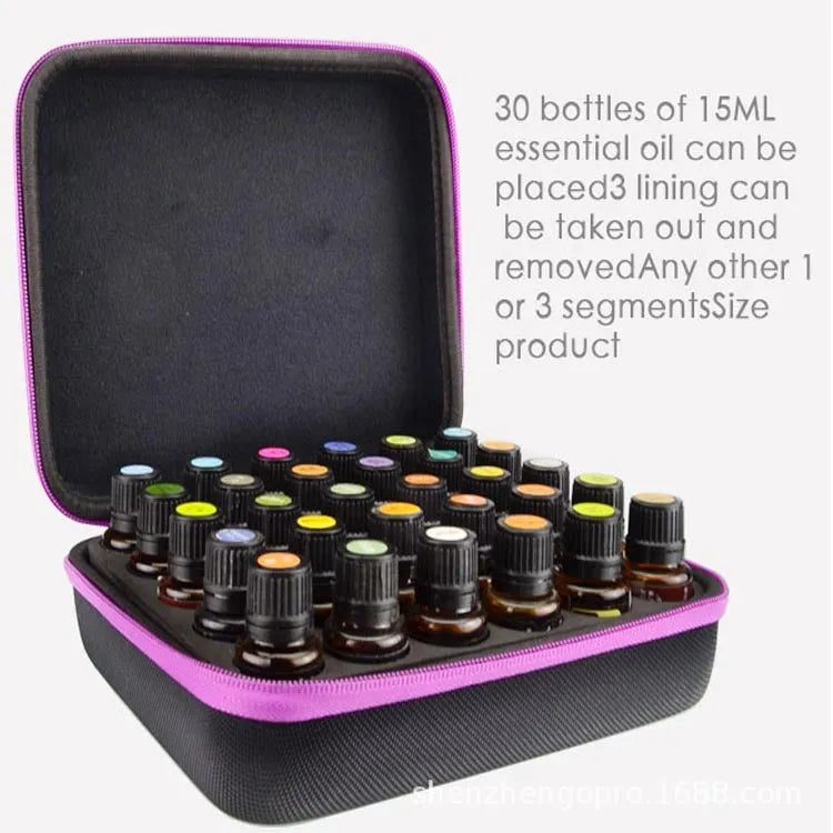 Red EVA cube bag with 30 pockets for 15ml essential oil bottles, shown wall-mounted.
