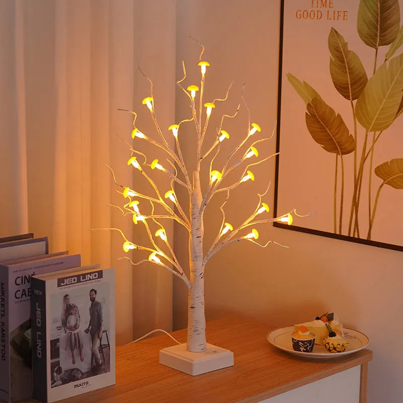 60cm tall white plastic birch tree LED lamp with 24 small mushroom-shaped lights