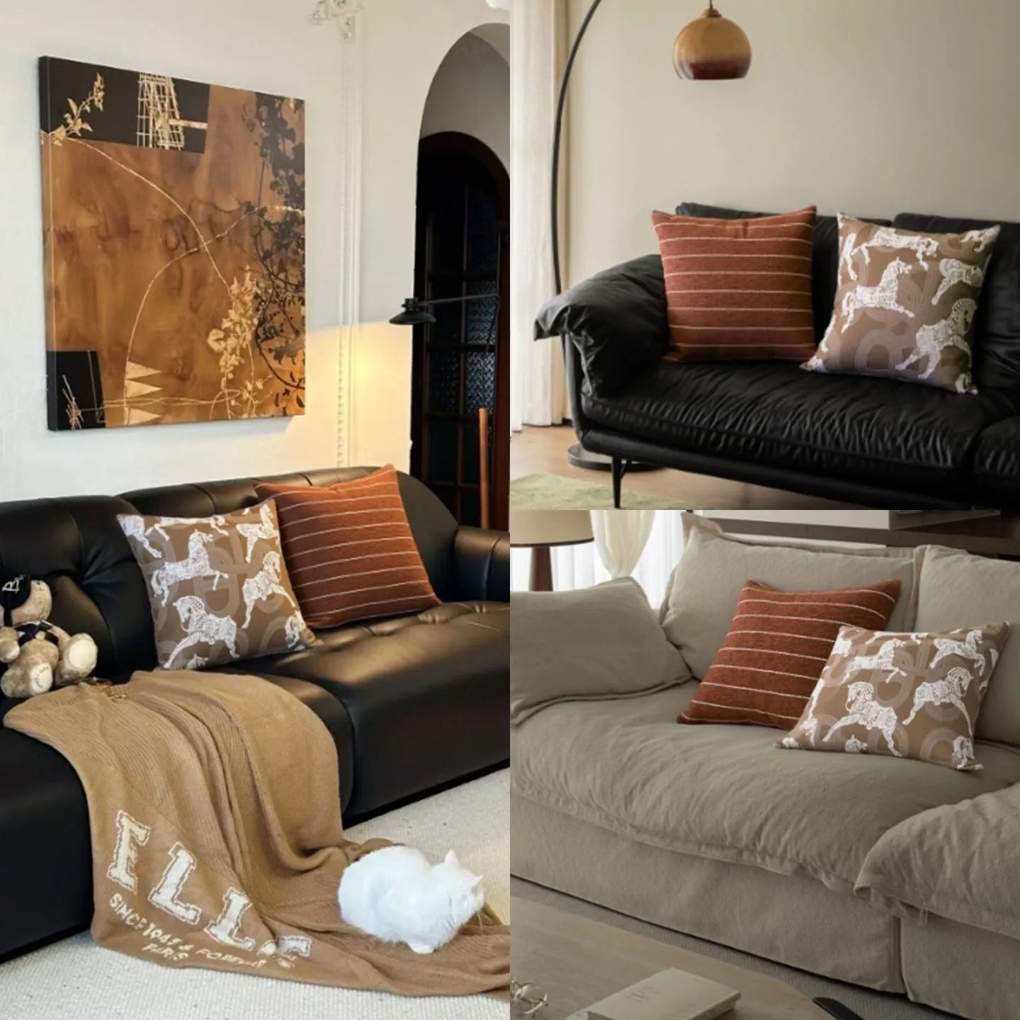 Square Chinese ancient style decorative pillow cushion on a sofa, showing Maillard colour options of brown, red brown, and yellow brown.