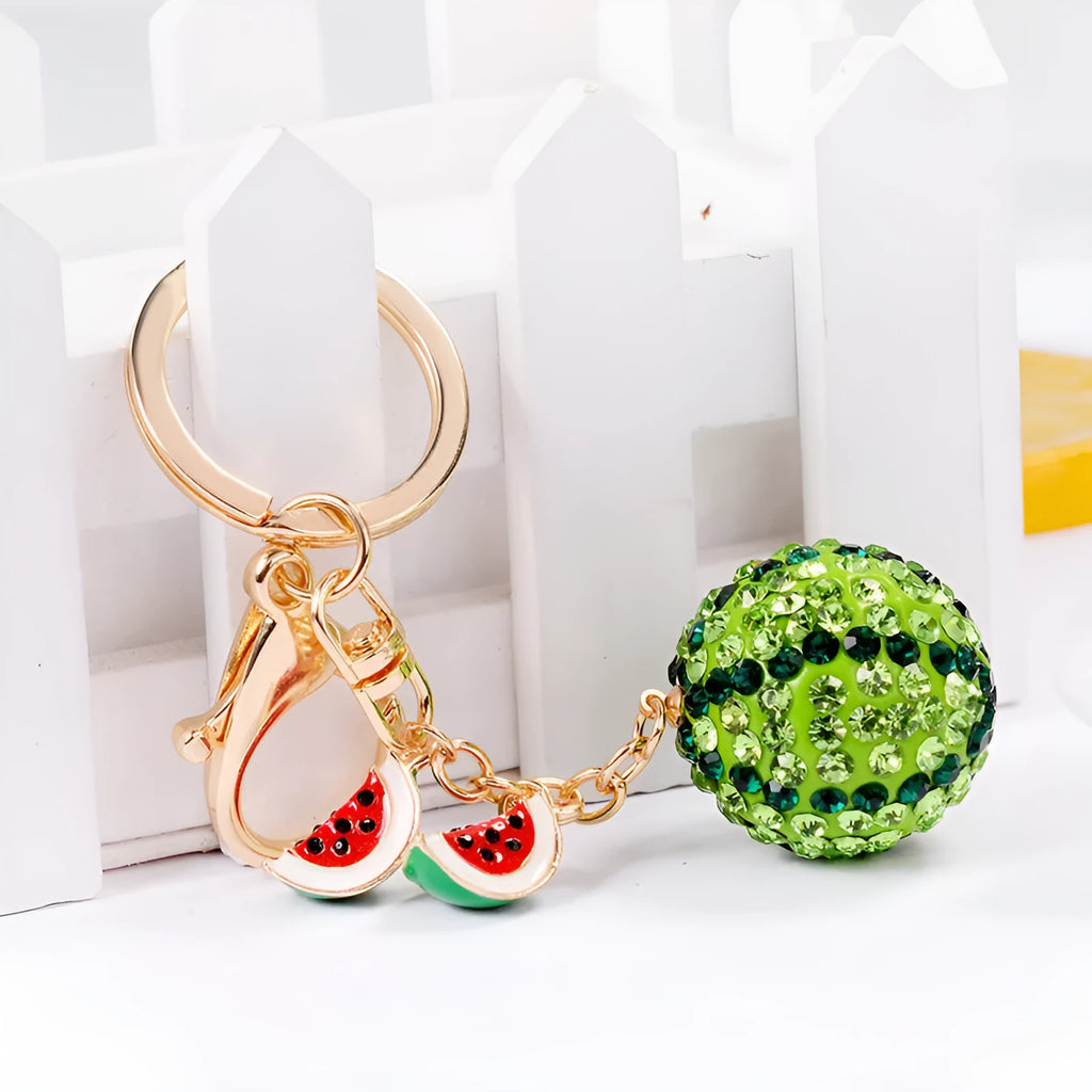 Green watermelon shaped zinc alloy keychain measuring 12cm with diamond detailing