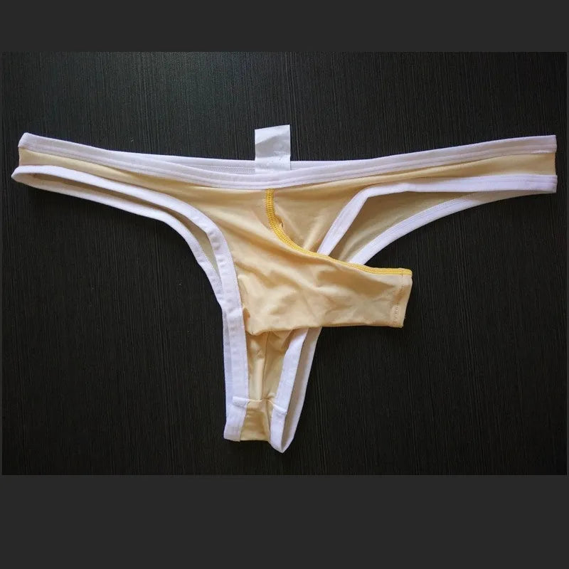 Men's ice silk briefs with elephant trunk pouch in seven colour options showing size tags