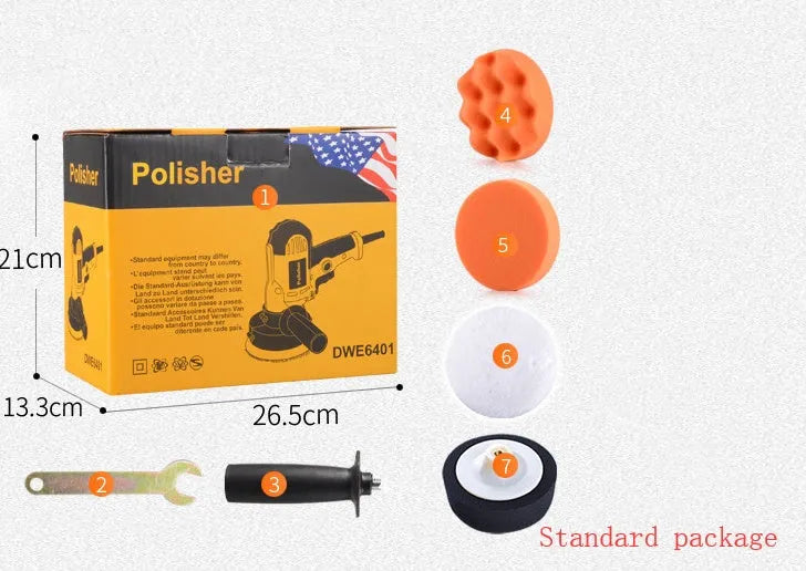 Yellow automotive polishing machine with a 125mm disc, 700W power, for cars, wood, tiles, and leather.