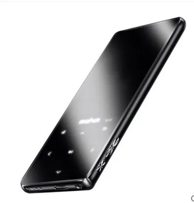 Ultra-thin portable MP3 music player with a 2.4-inch touch screen in black, silver, blue, or red colours.