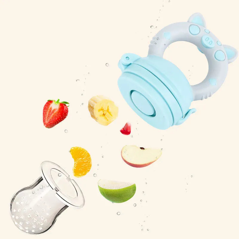 Silicone baby teether in blue, green, or pink with textured mouthpiece for infant gum relief