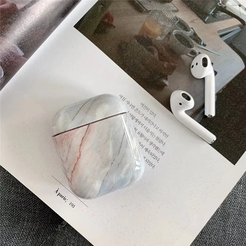 White marble hard PC protective case for Apple AirPods 1 and 2 wireless charging box