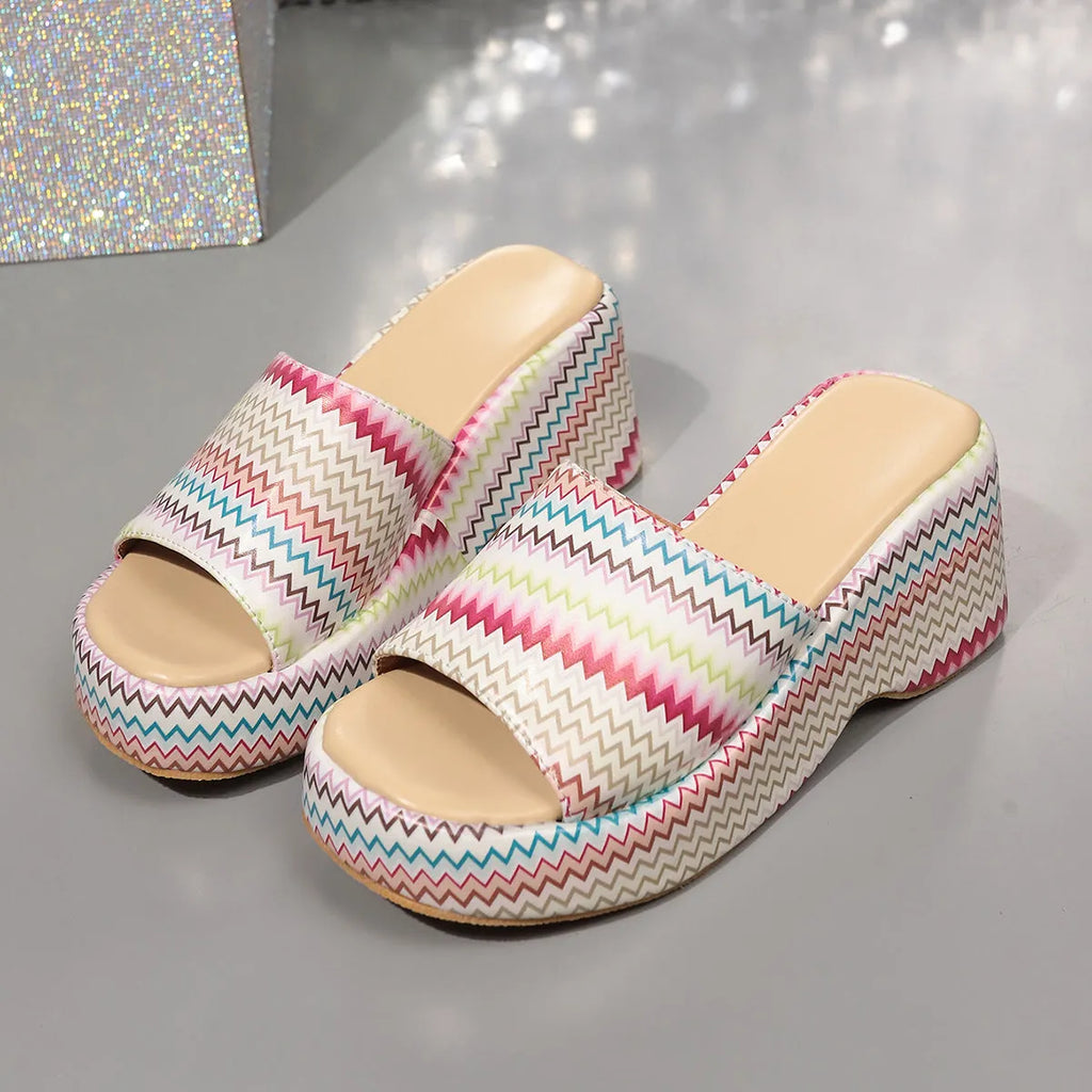 Colourful wave print wedge sandals for women with PU upper and thick rubber sole in beige, blue, or pink.