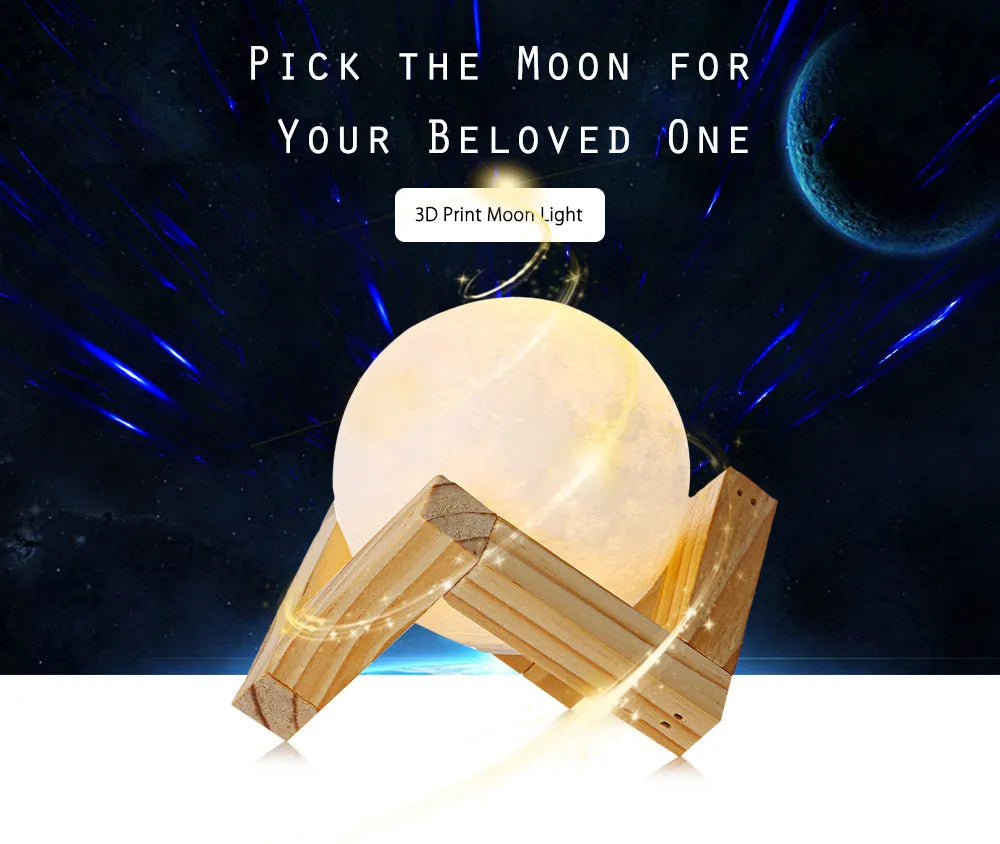 3D printed white moon lamp with detailed craters on a wooden stand, showing touch ring at base.