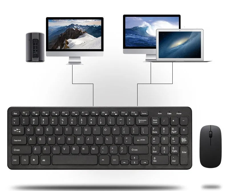 Black wireless keyboard and mouse set showing 96-key layout and adjustable DPI mouse