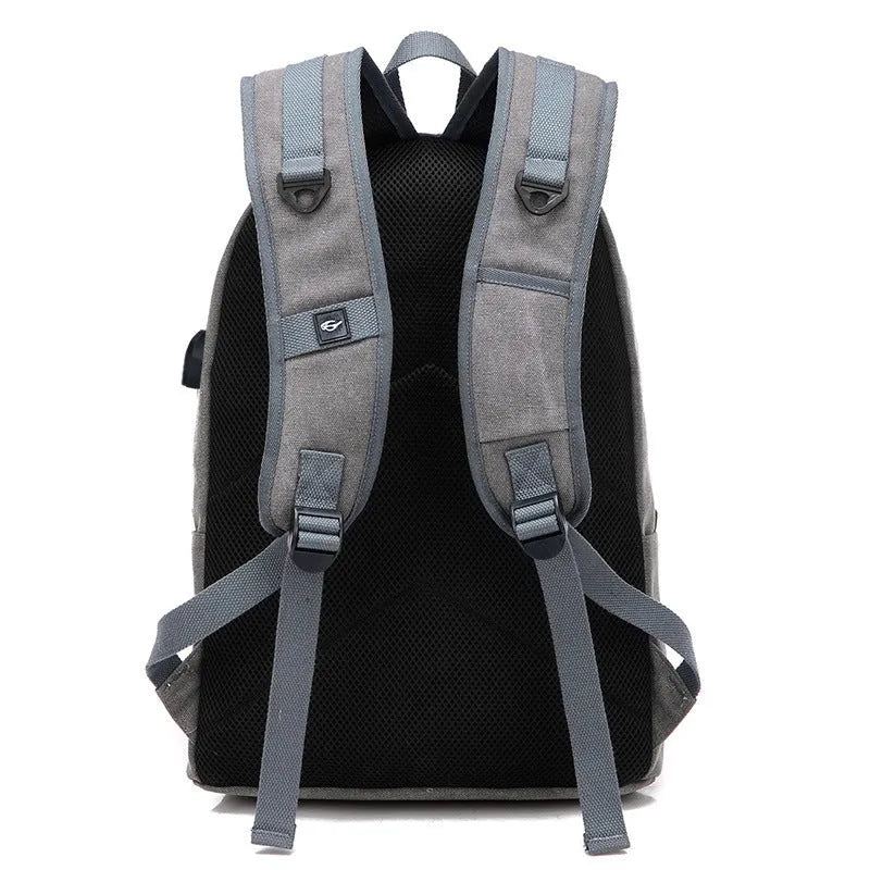 Canvas backpack with USB charging port in Coffee, Grey, Khaki, or Black colour.