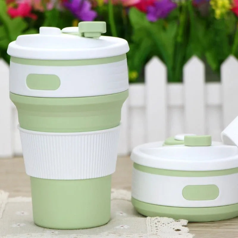 Collapsible silicone travel mug shown expanded and folded with leak-proof lid in multiple colours