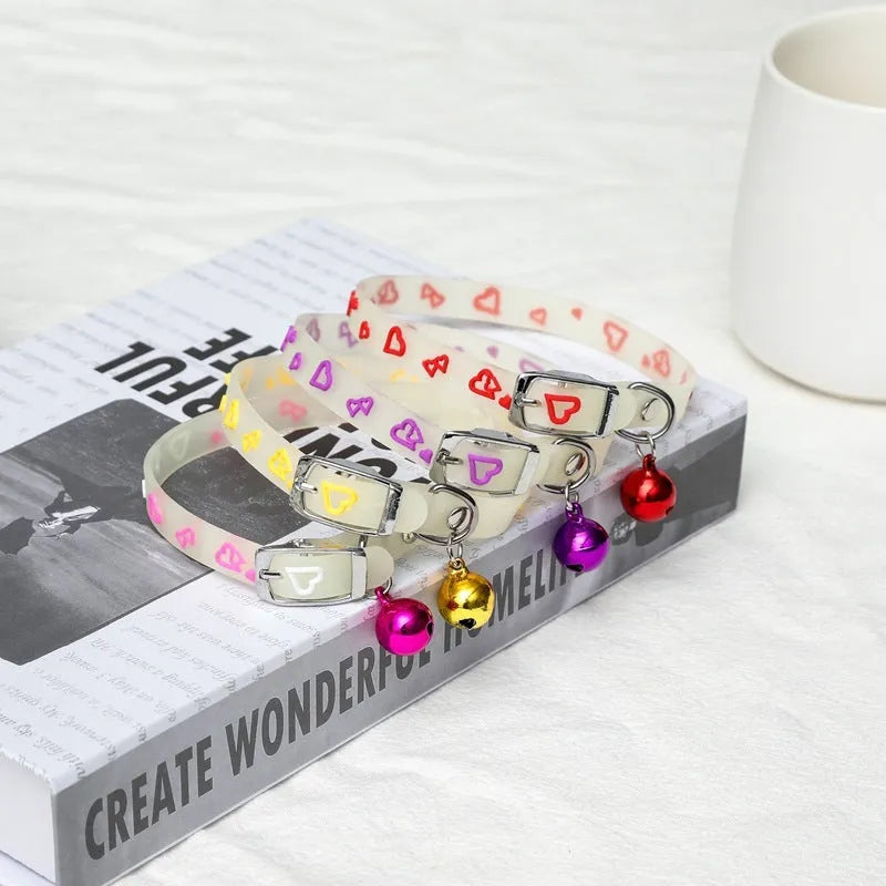 Luminous silicone cat collar 1.2cm x 29cm with cartoon designs, glowing in the dark