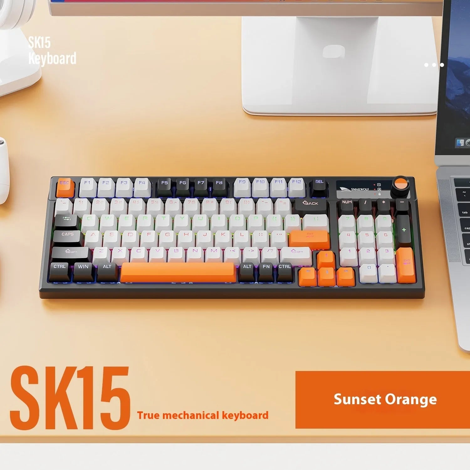 SK15 wired mechanical keyboard with central control knob in black, orange, or blue colour options