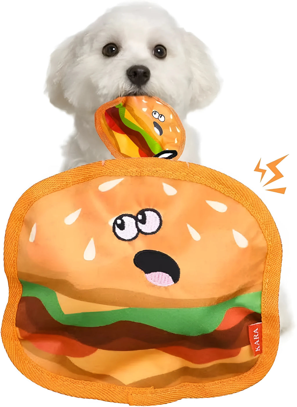 Red and yellow hamburger-shaped dog chew toy with dual crinkle and squeak sounds.