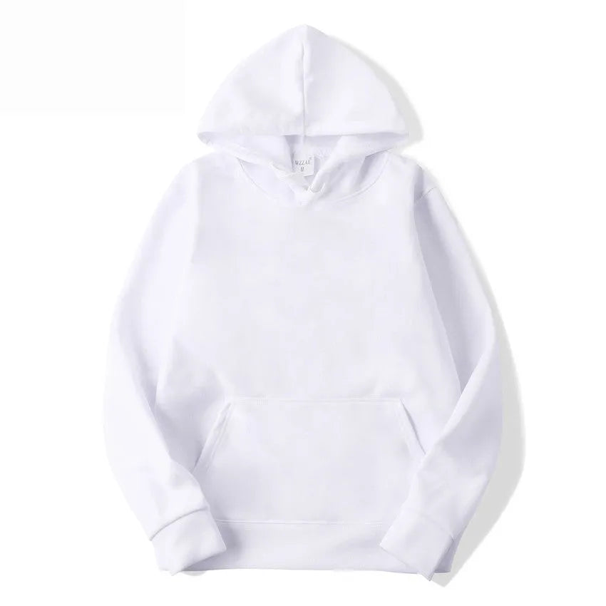 A white unisex cotton blend pullover hoodie with a hood and long sleeves.