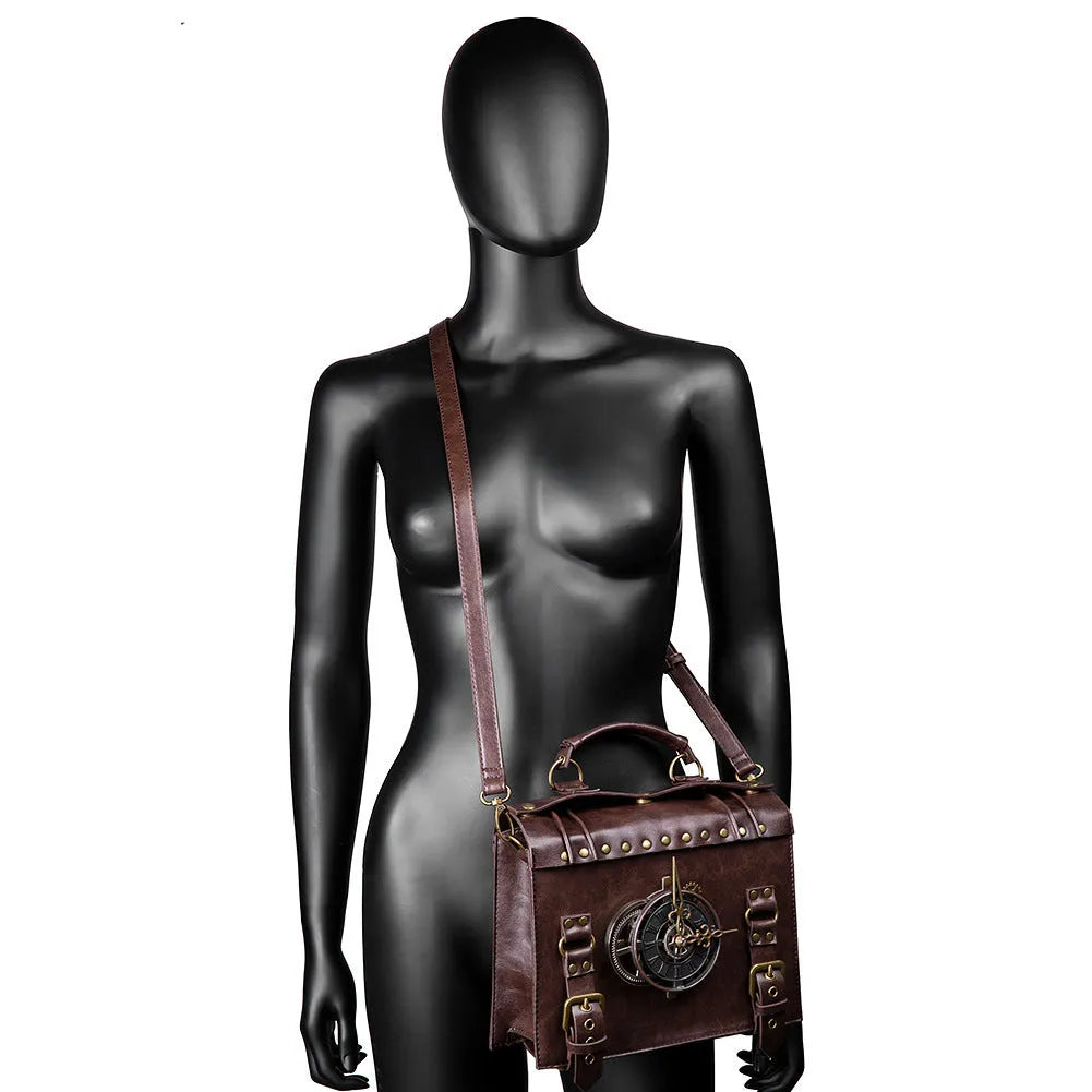 Bronze steampunk industrial retro shoulder bag with pillow shape and metal hardware
