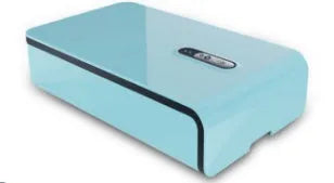 Blue UV mobile phone steriliser box with touch controls and capacity for 6.5-inch phones