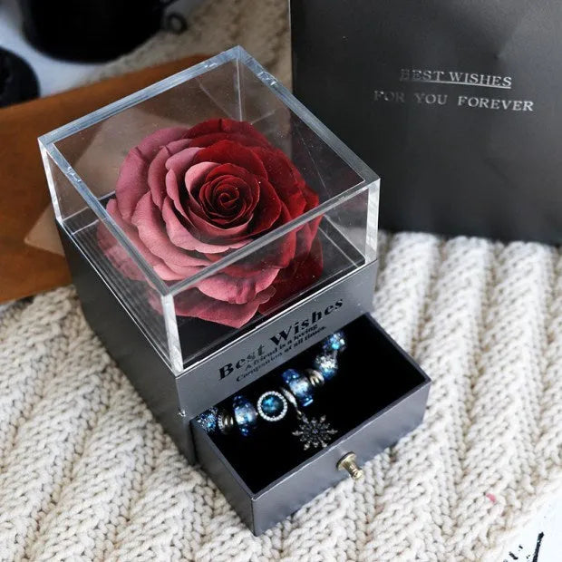 Preserved eternal rose and carnation gift box in glass display case for jewellery storage