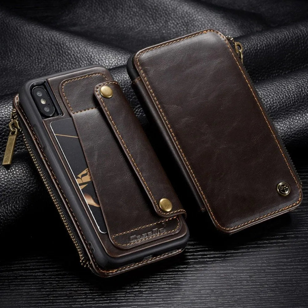 Black PU leather flip phone case open to show Samsung Note9, demonstrating front and back protection.