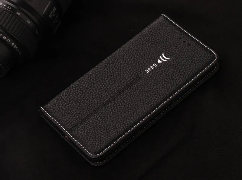 Black PU leather wallet case open to show iPhone slot and credit card holders