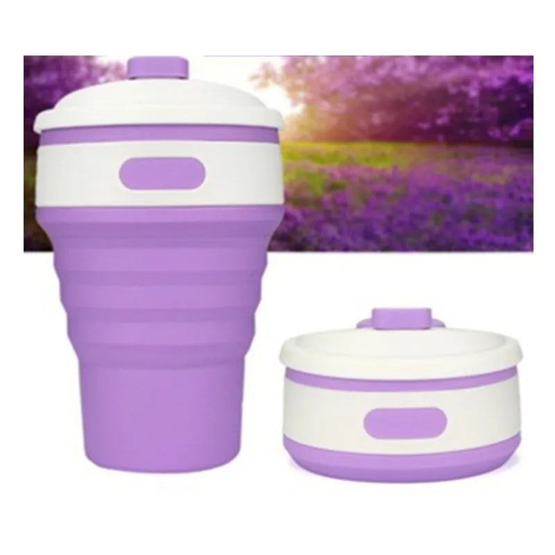 Collapsible silicone travel mug shown expanded and folded with leak-proof lid in multiple colours