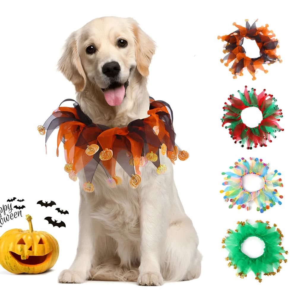 Colourful tie-dye cloth dog collar showing Christmas and Halloween patterns alongside green and blue solid colours.