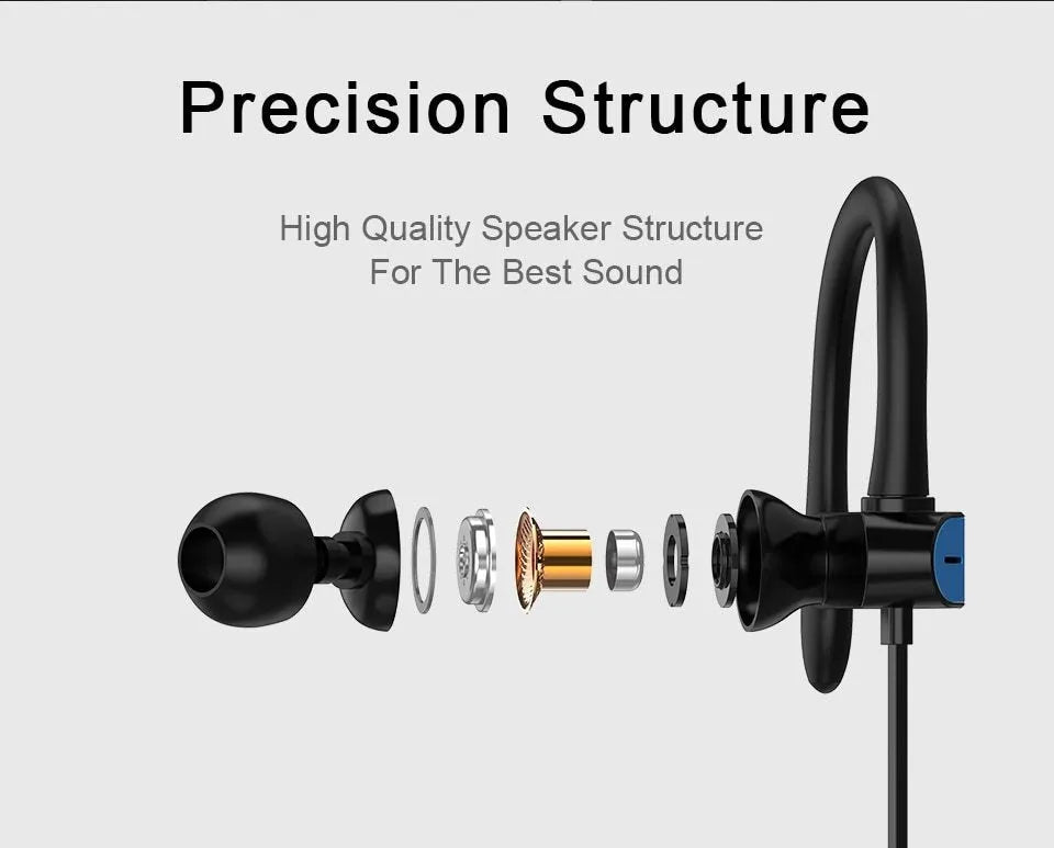PTM TS27 sport ear hooks with microphone in black and blue, showing flexible over-ear design and silicone earbud covers.