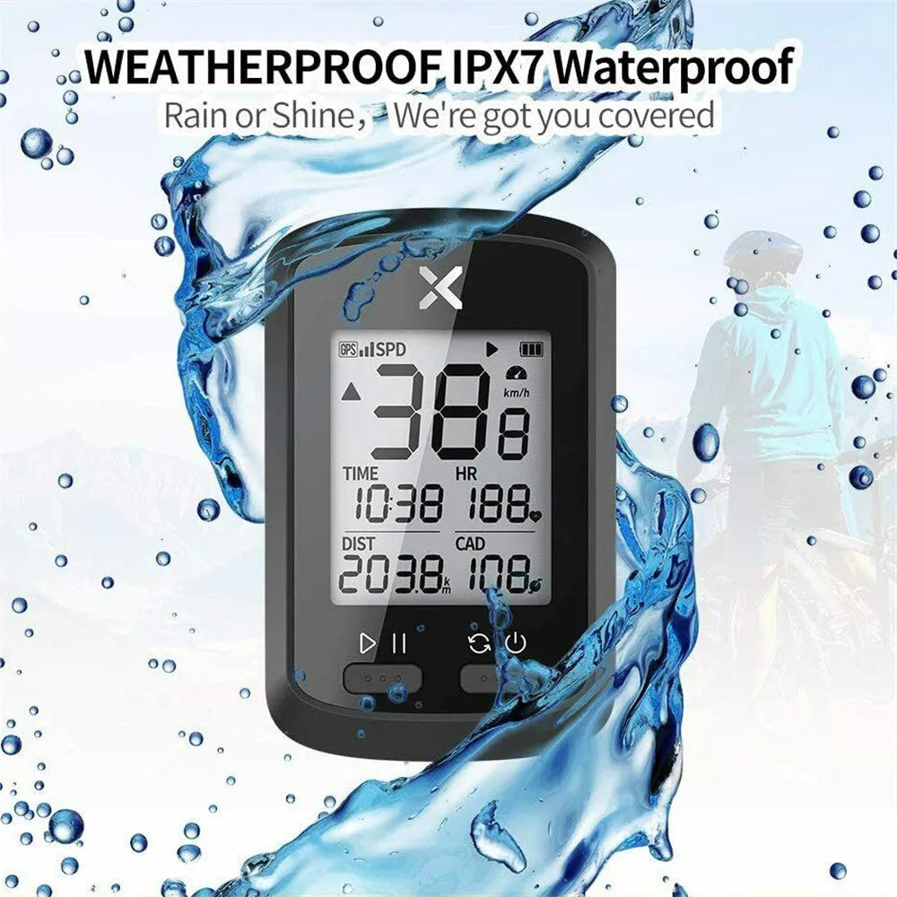 Black plastic waterproof bicycle stopwatch mounted on handlebars with digital display showing timing