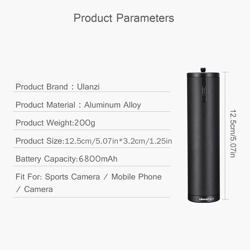 Black aluminium alloy power bank charging handle showing 12.5cm length and 3.2cm width