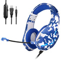 Wired over-ear gaming headset with cloth earmuffs and a braided cable, shown in camouflage blue colour.
