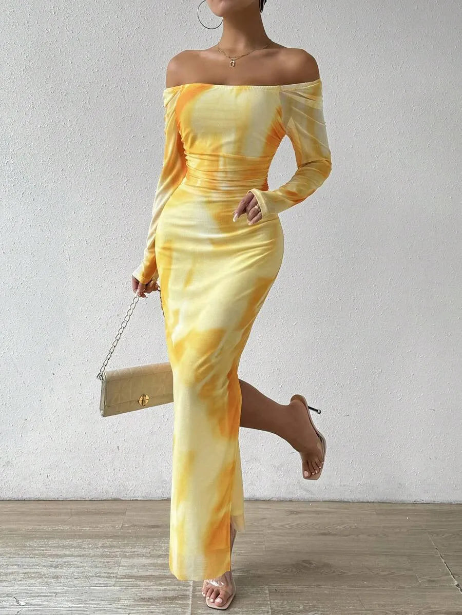 Women's printed mesh fishtail dress with gradient colour and square collar in multiple colour options