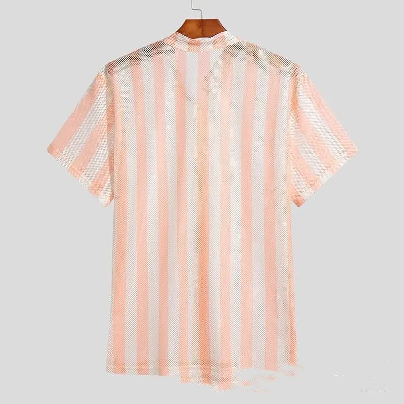 Pink loose-fit men's cardigan shirt with waffle texture fabric on a hanger.