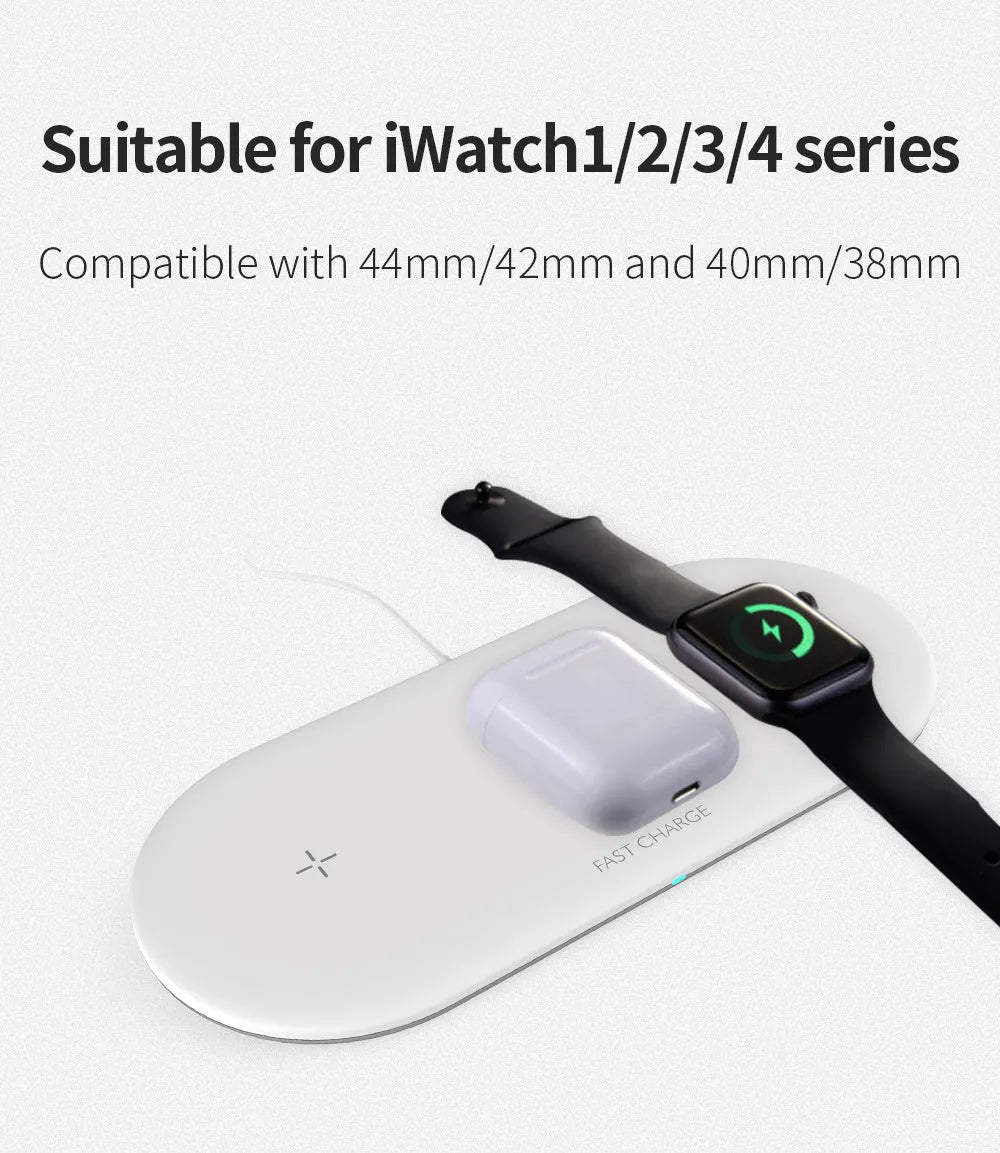 Black and white 3-in-1 wireless charging station for Apple-compatible phone, watch, and earbuds on a desk.