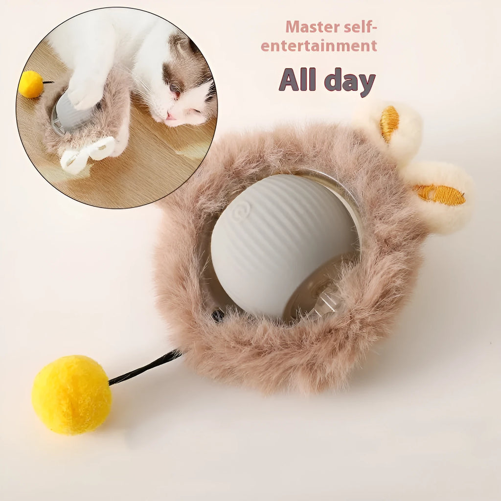 Silicone rolling ball cat toy in red, green, and grey plush cat ball colours