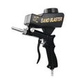 Portable small gravity feed pneumatic sandblasting gun with tank, shown in black or blue.