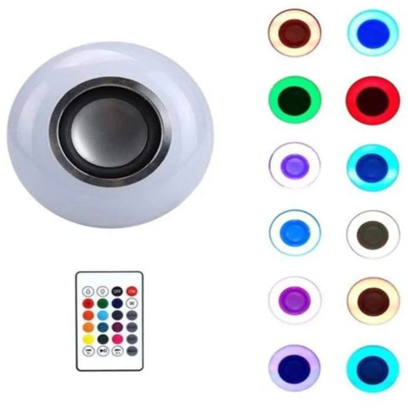 White Bluetooth smart light bulb with E27 base and remote control for 16 colour options and audio.