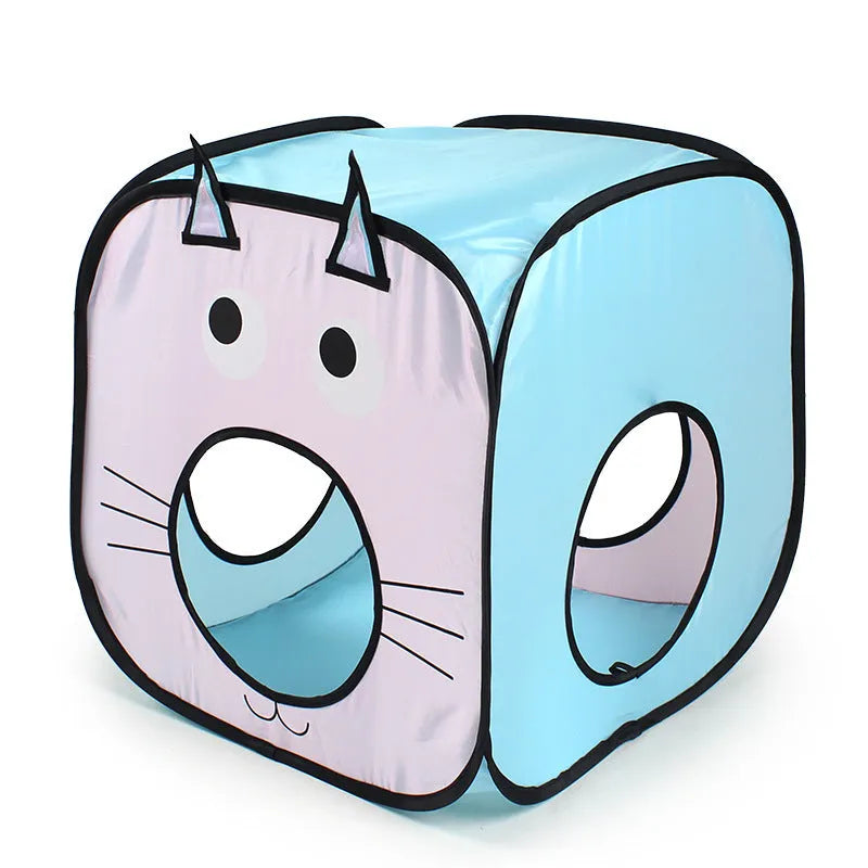 Foldable grey pet tent and tunnel set with cat and fish illustrations for indoor cat play.