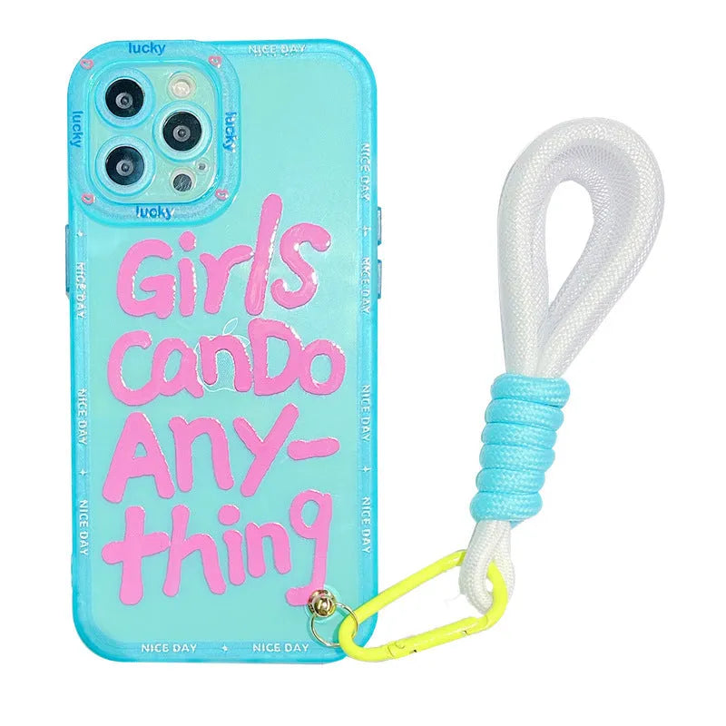Mint green personalised graffiti lanyard phone case for Apple iPhone with printed design and attached strap.