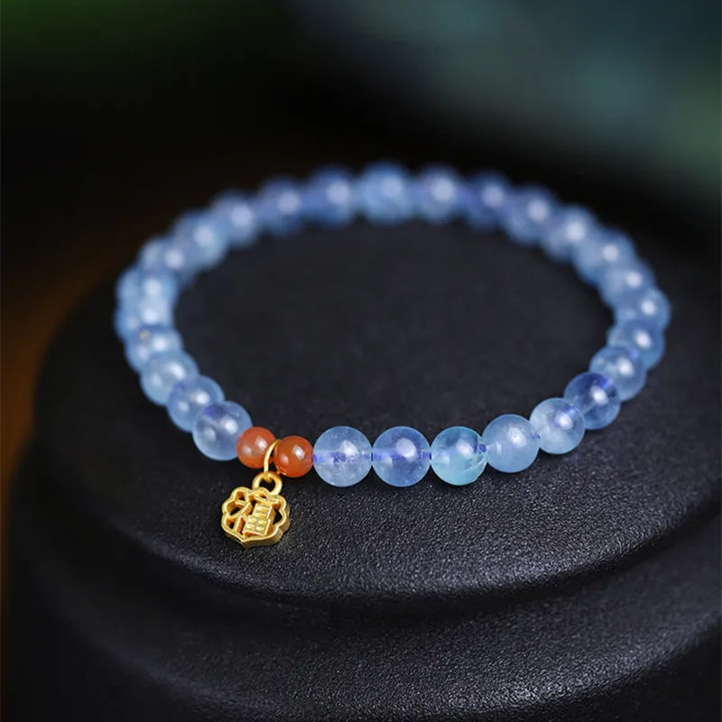 Ice translucent aquamarine crystal bead bracelet with blessing card charm and adjustable closure