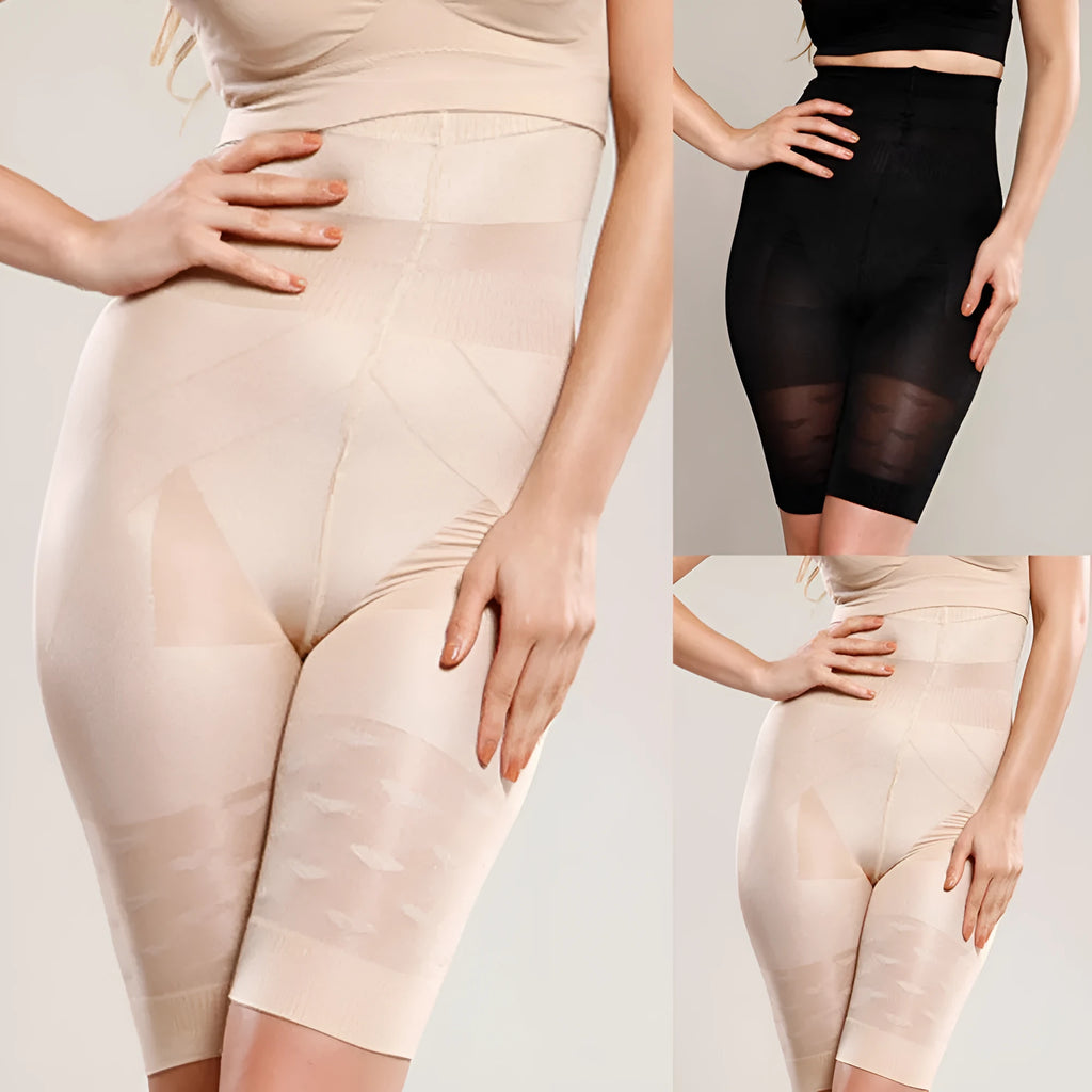 Women's seamless high-waist shapewear shorts for tummy control in black and nude colours